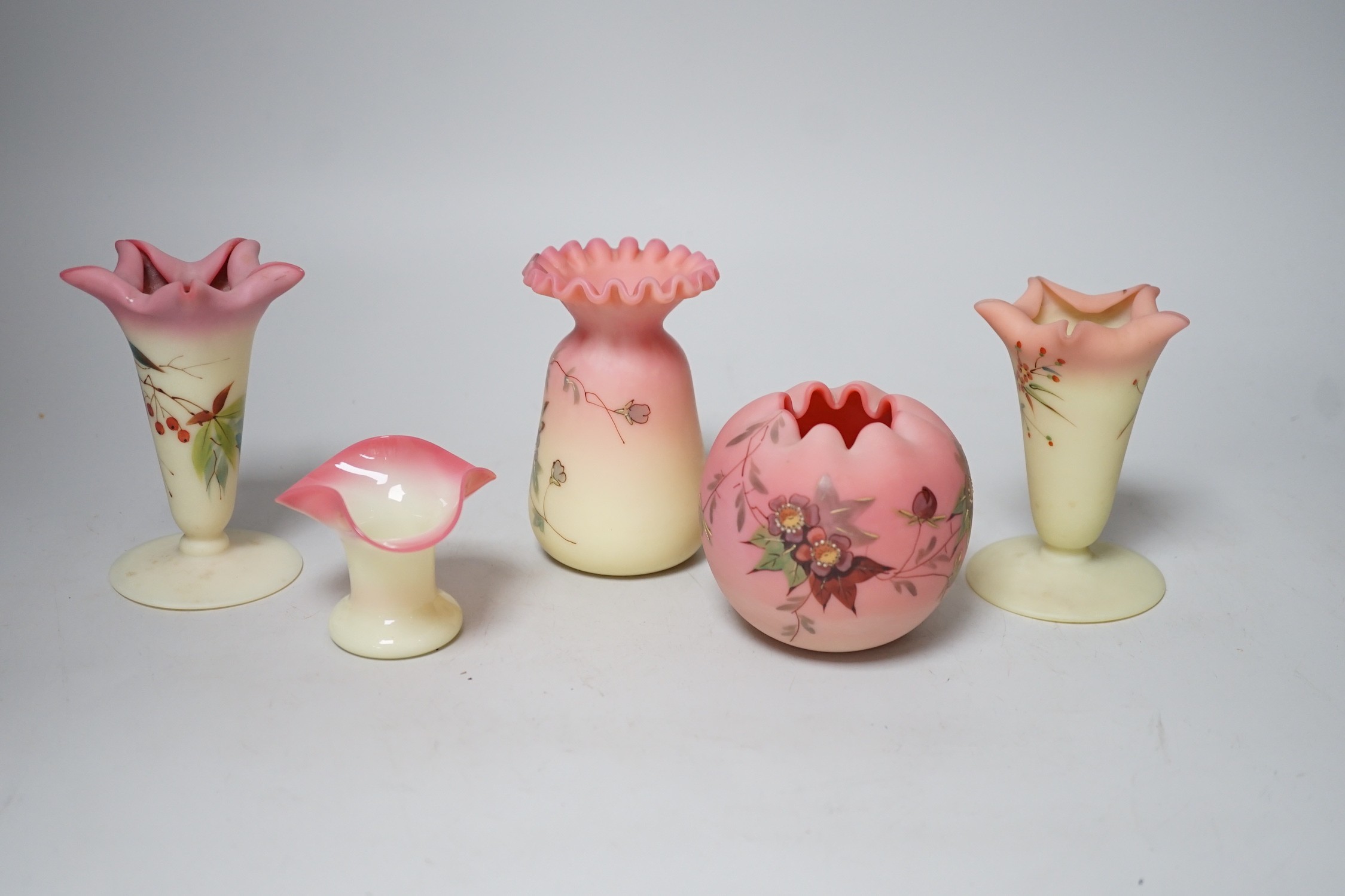 Five Webbs coloured glass posy vases, including one marked Webbs Queens Burmese